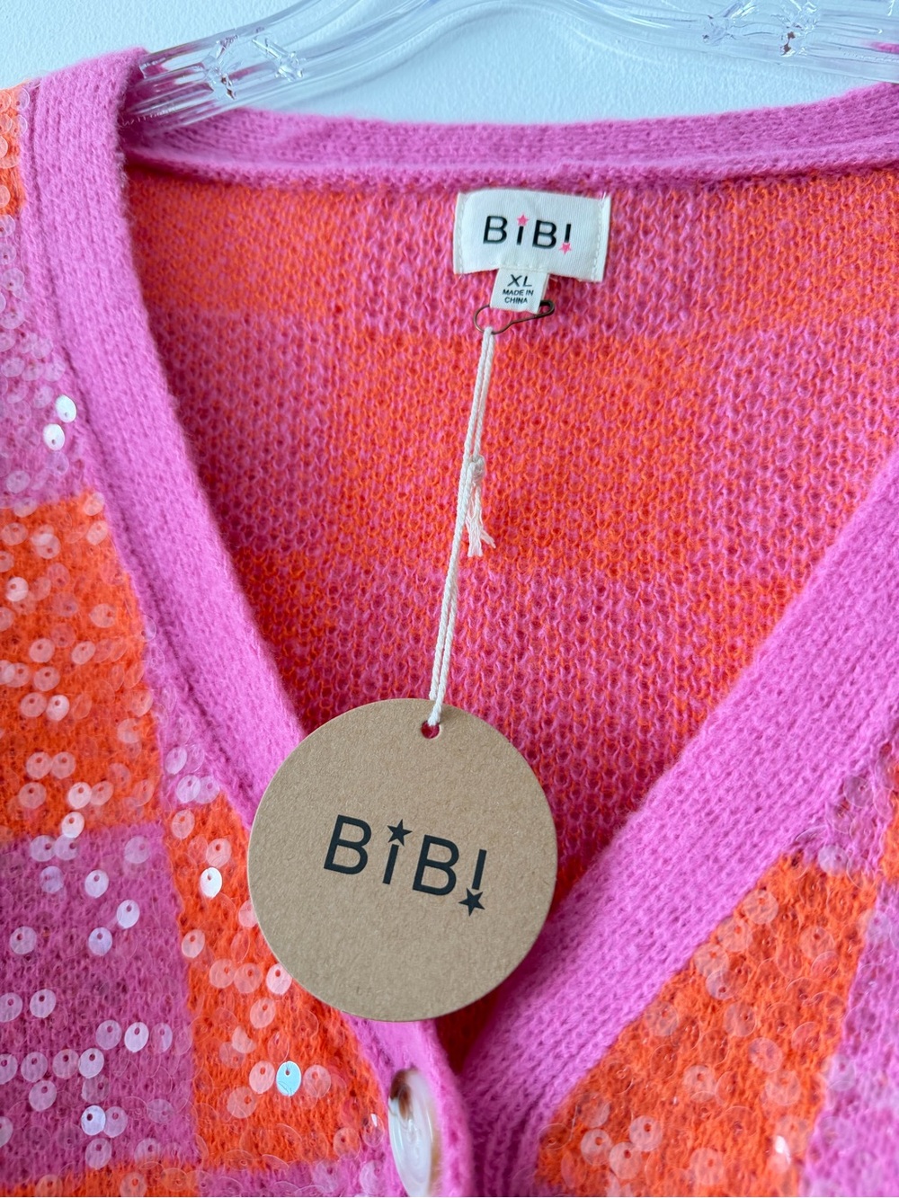 BiBi Pink Orange Checkered Sequin Oversized Cardigan Sweater Knit XL NWT Sparkle - Picture 2 of 10